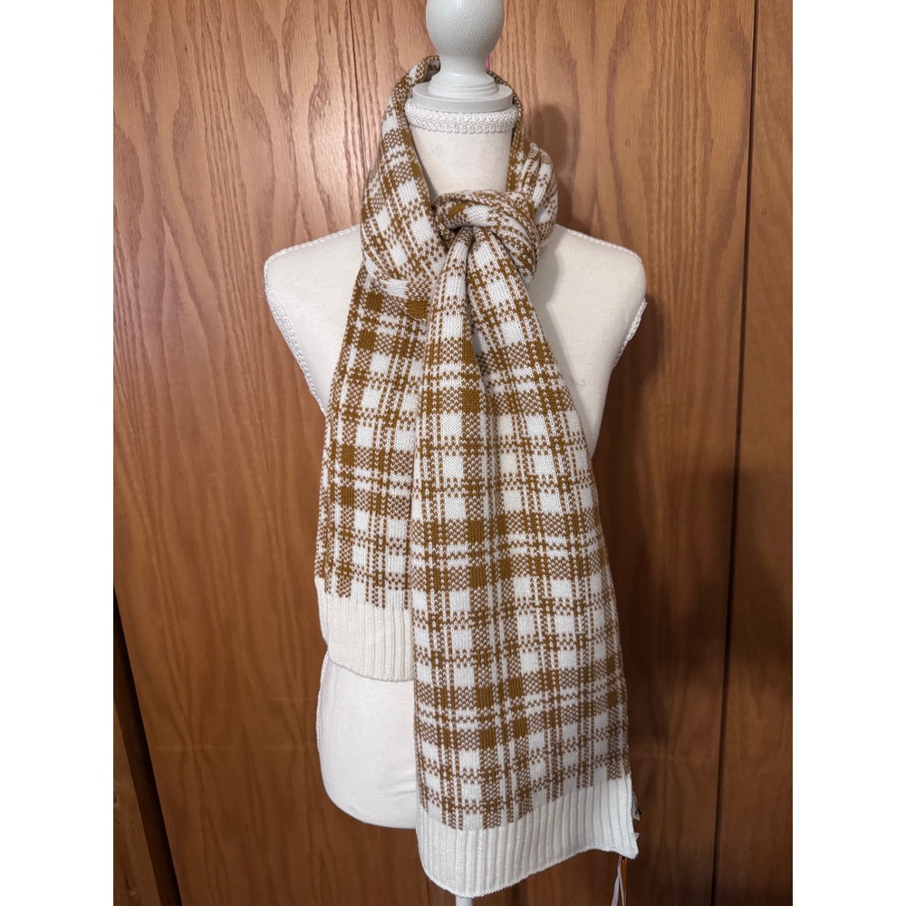 Timberland Brown and White Plaid Knit Scarf